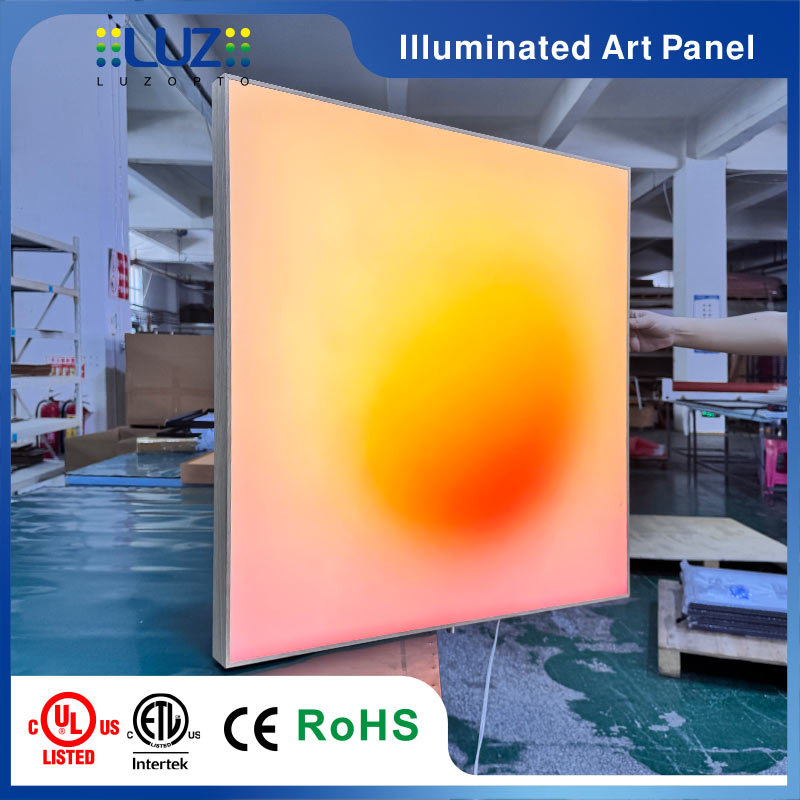 Demonstration of mobile phone app controlling brightness on the square illuminated wall art panel