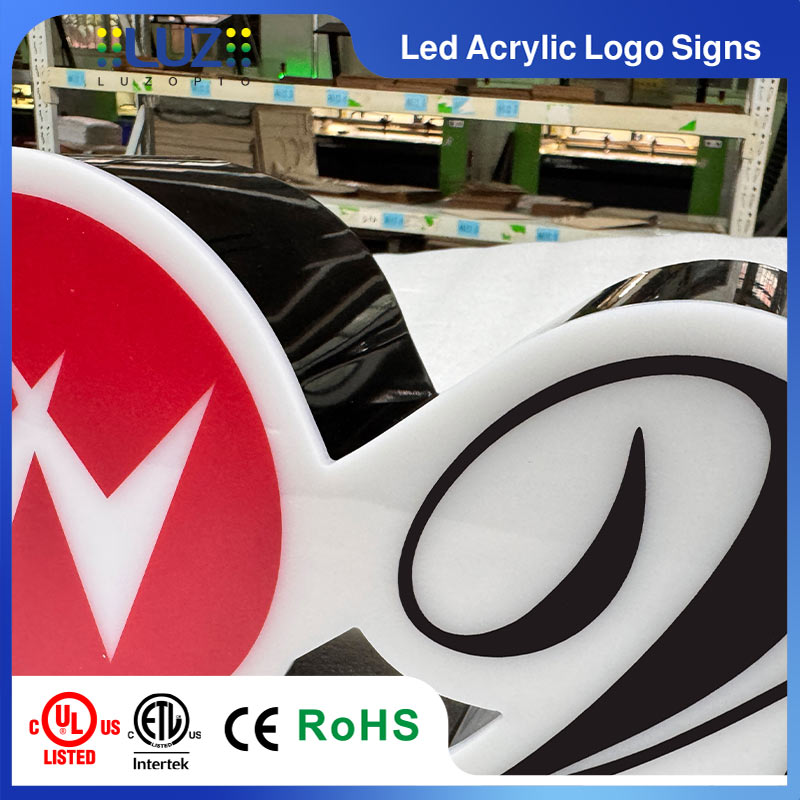 Vibrant illuminated custom LED business logo sign glowing in low light