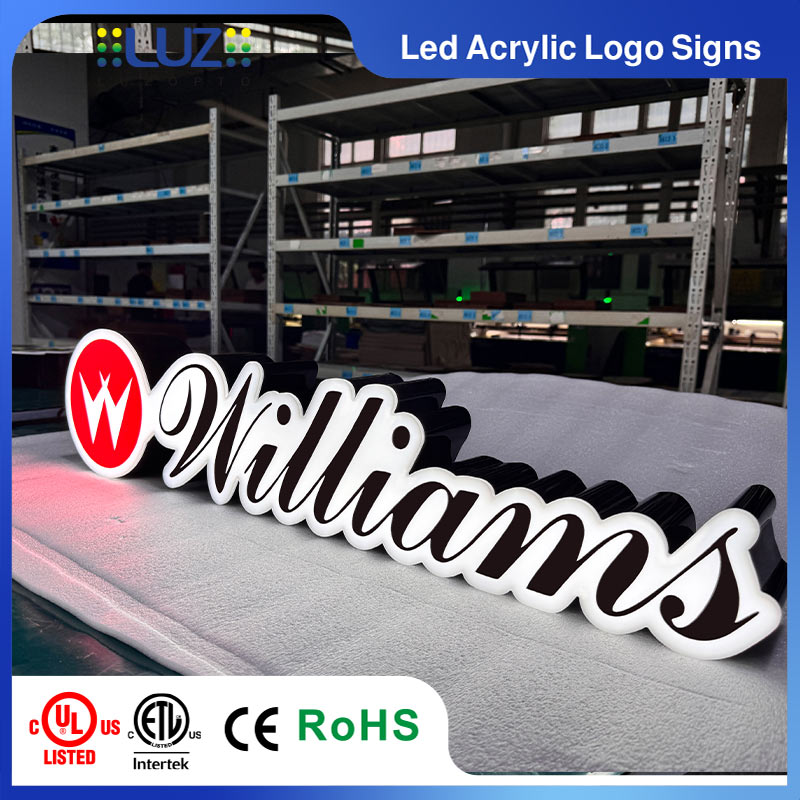 3D contour cut acrylic LED sign showing front-lit glow and deep black border