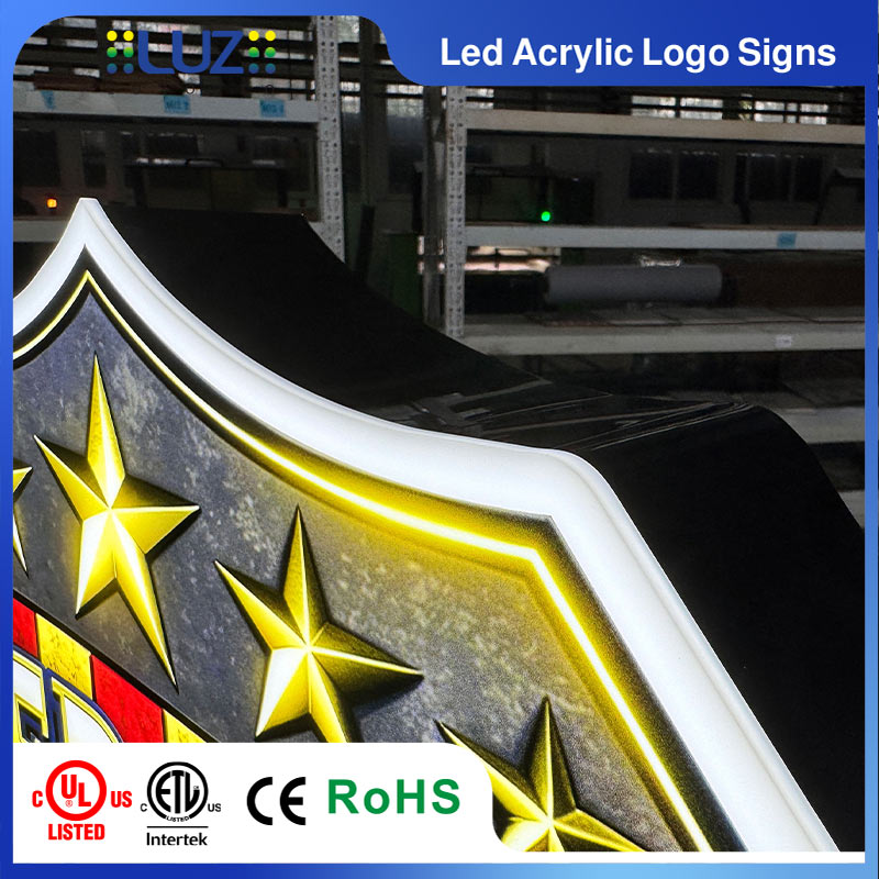 Side profile showing black acrylic housing and depth of custom 3D illuminated light box.