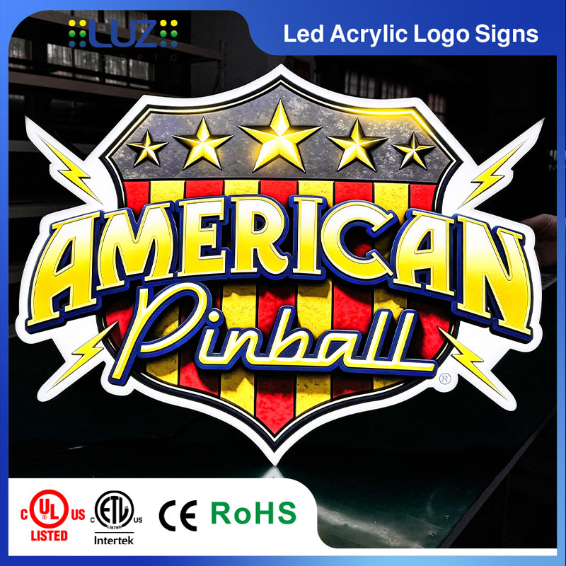 Front view of flat UV printed American Pinball acrylic LED logo sign board.