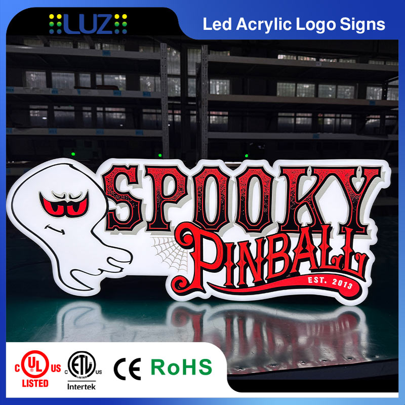 Custom LED acrylic logo sign for Spooky Pinball with UL Listed and ETL certification badges
