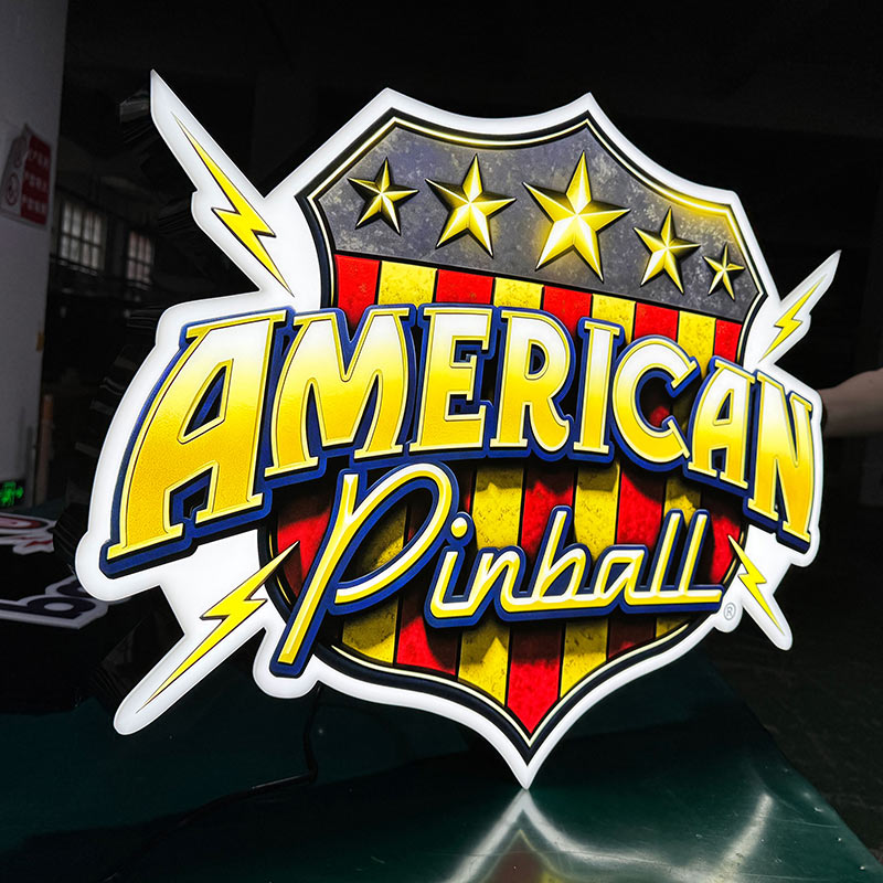 Custom LED acrylic logo sign for American Pinball with shield shape and illuminated stars